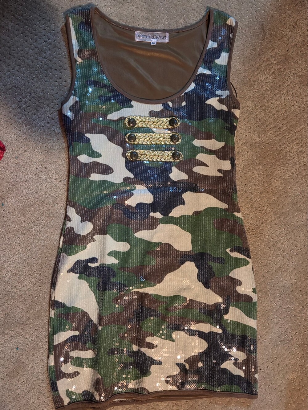 Rit-Dance Green Camo Sequin Mini Dress with Gold Braid Detail